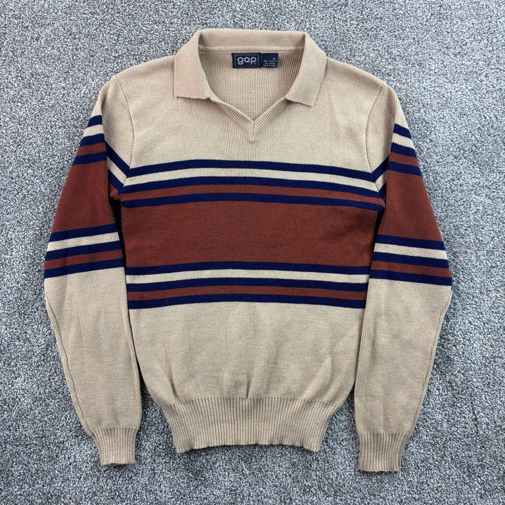 Vintage 80s Gap Sweater Mens M Beige Acrylic Striped Knit‎ Polo V-Neck Disco